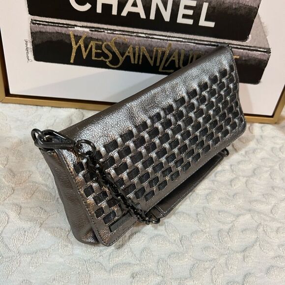 Calvin Klein Silver Metallic Leather Woven Chain Shoulder Bag Clutch Pochette - Picture 5 of 13